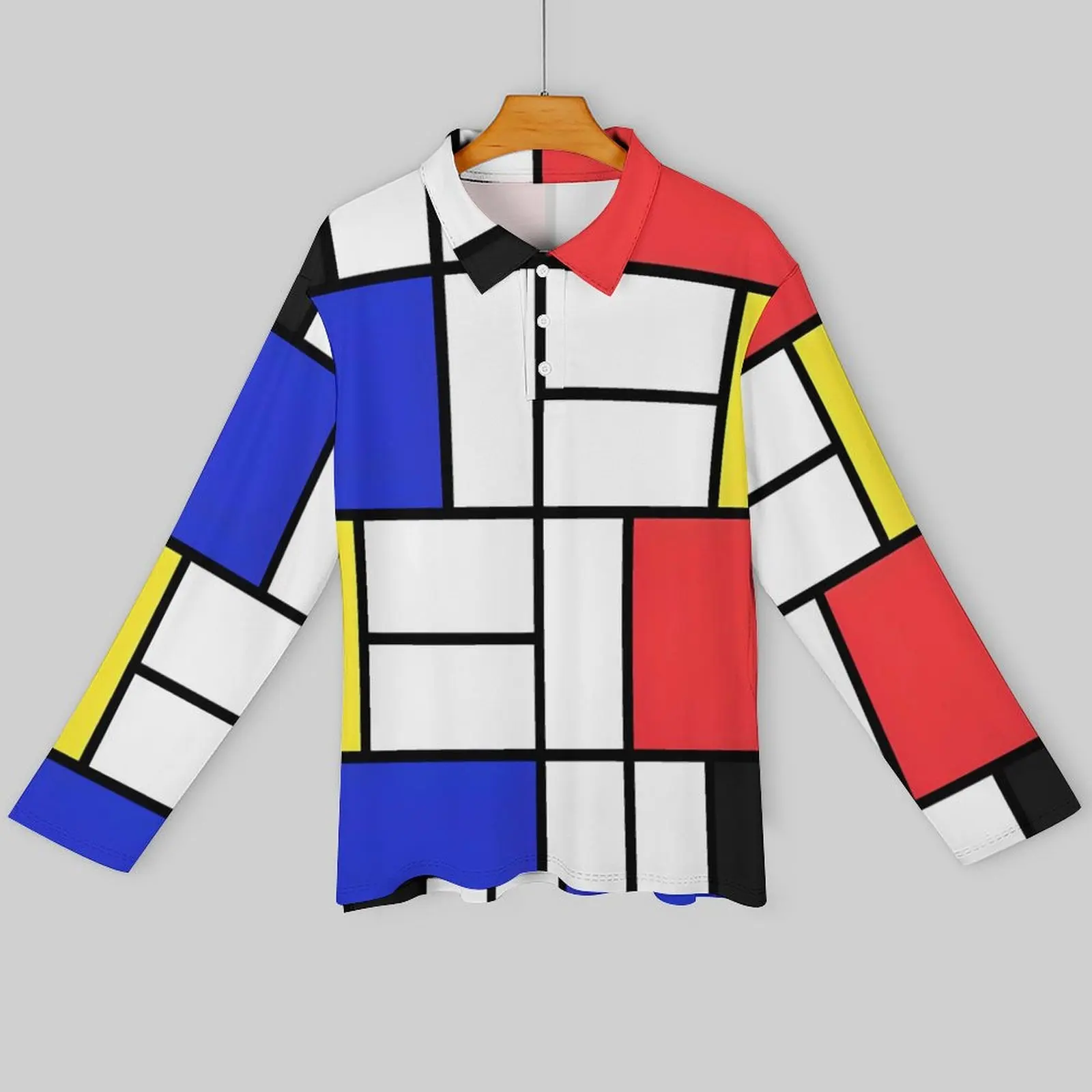 Mondrian Casual T-Shirts Male Checkerboard Print Long Sleeve Polo Shirts Turn Down Collar Cool Autumn Graphic Shirt 3XL 4XL 5XL