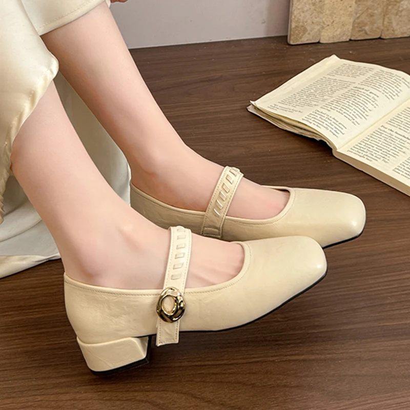

Women Square Toe Heeled Shoes Spring New Mary Jane Shoes 2026 Casual Comfort Chunky Shoes Shallow Dress Leather Zapatos Mujer