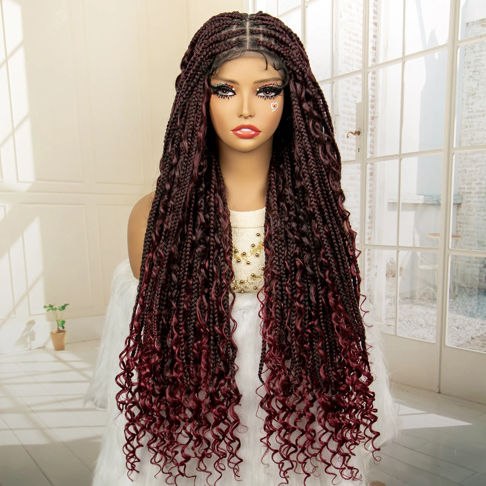 Full Lace Braided Wigs Burgundy Synthetic Boho Braids Braiding Hair Wig for Women curly Hair Wigs 99J Color Box Braids Wig