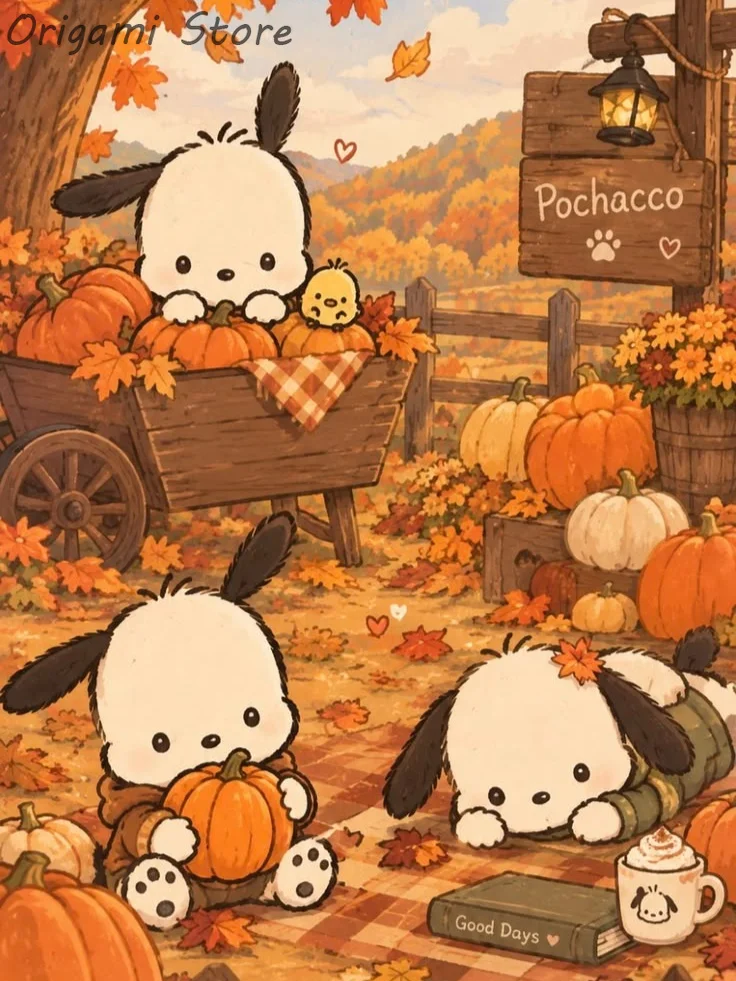 Pochacco Diamond Painting Autumn Pumpkin Maple Leaf Farm Scene, Mosaic Handmade Artwork, Ideal for Holiday & Gift
