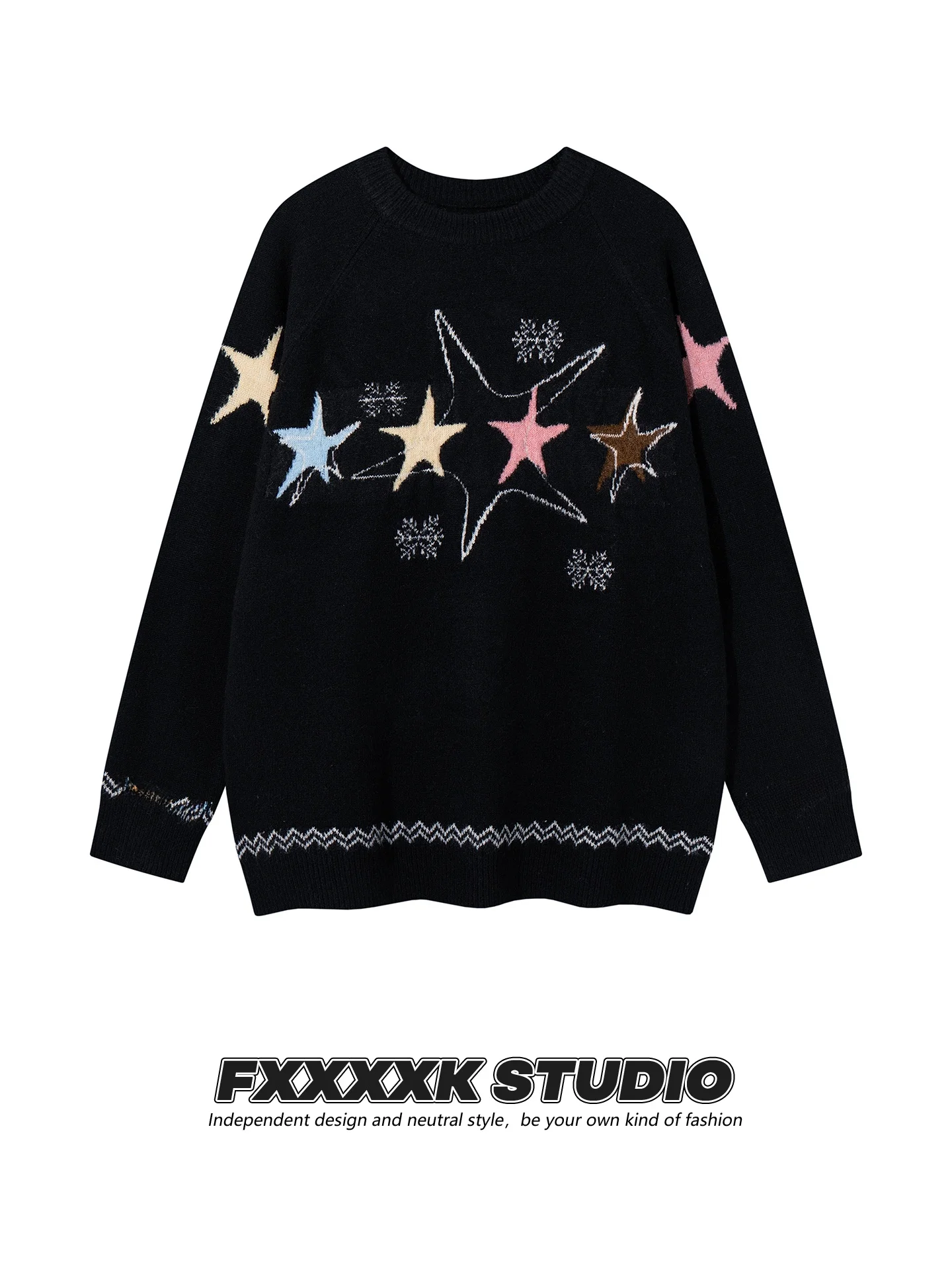 

Original FXK American Retro Star Embroidery Loose Couple Sweater Knitted Soft Long Sve round Ne Warm Casual Street Sle