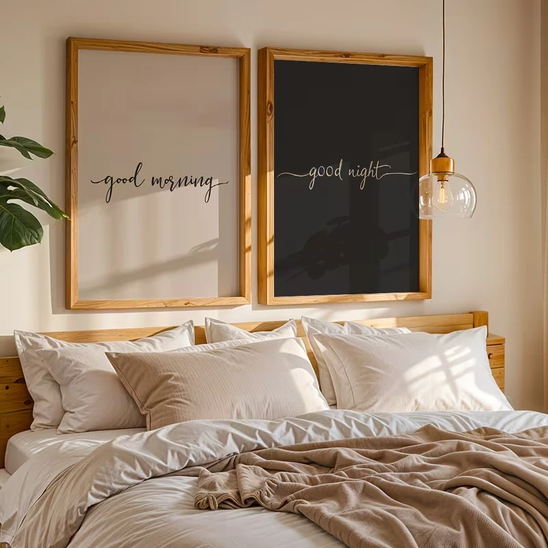2pcs frameles,2pcs Decorative Canvas Posters with Good Morning and Good Night Quotes 2D Frameless Canvas Art for Living Room Dec