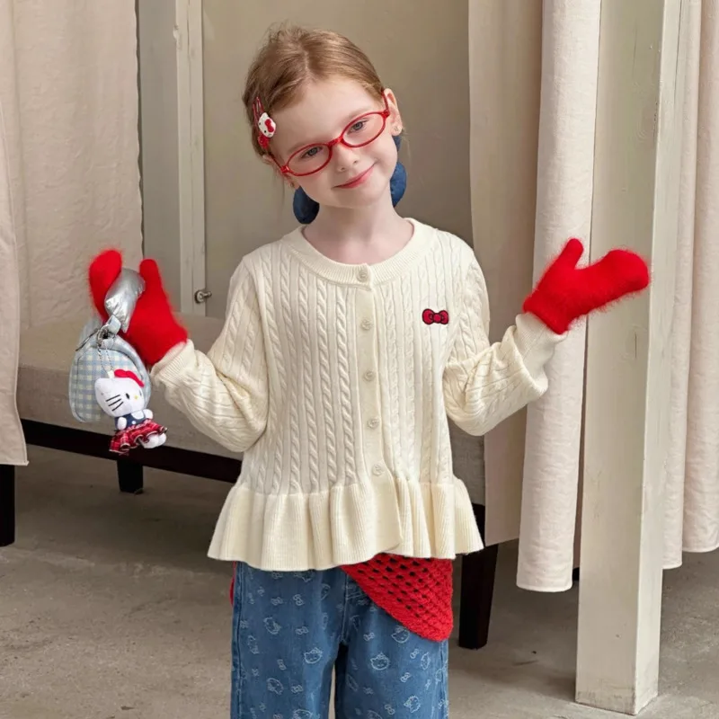 

2025 Autumn Winter Cotton Girls Round Neck Sweater Children White Knitt Cardigan Jacket Baby Bow Top Coat 3-10 Years Sweater