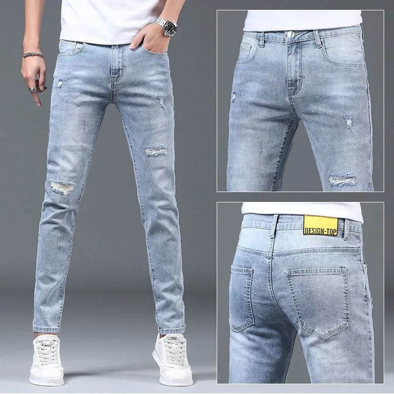 

2024 Spring and Autumn Fashion Trend Solid Color Elastic Small Legs Men's Casual Slim Comfortable Breathable High-Quality Jeans