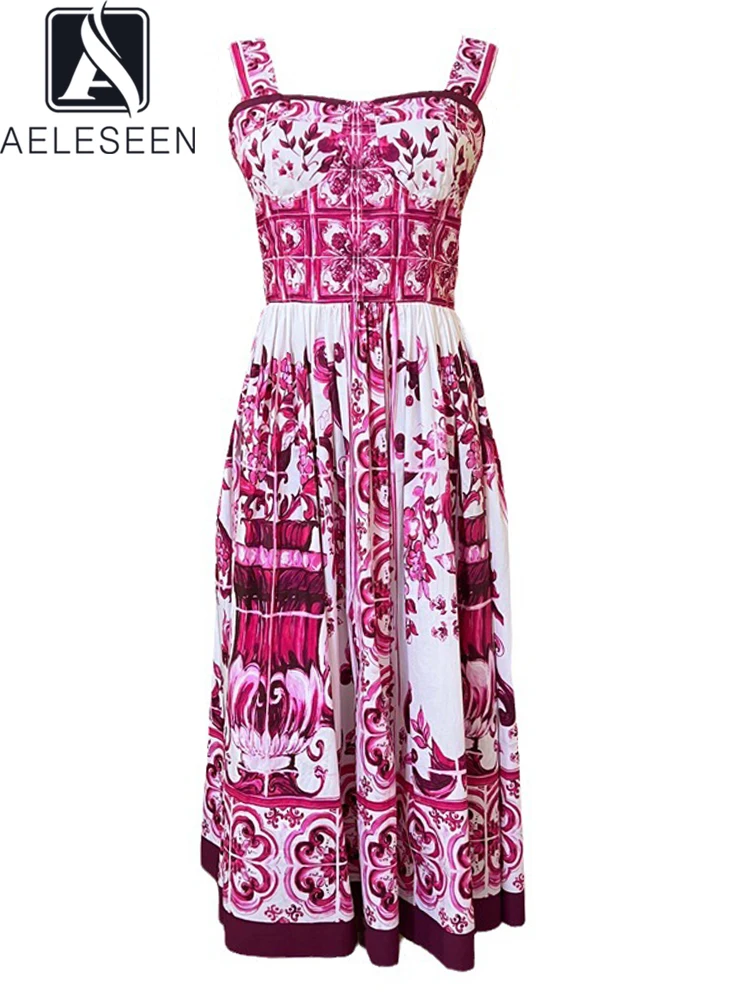 

AELESEEN Women Sicilian 100% Cotton Dress Design Fashion Spaghetti Strap Red Flower Porcelian Elegant Midi Party Holiday