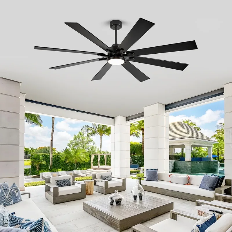 Modern LED Industrial Ceiling Fan 8 Pieces Wood Board Blade Design of DC Motor for Outdoor Hotel