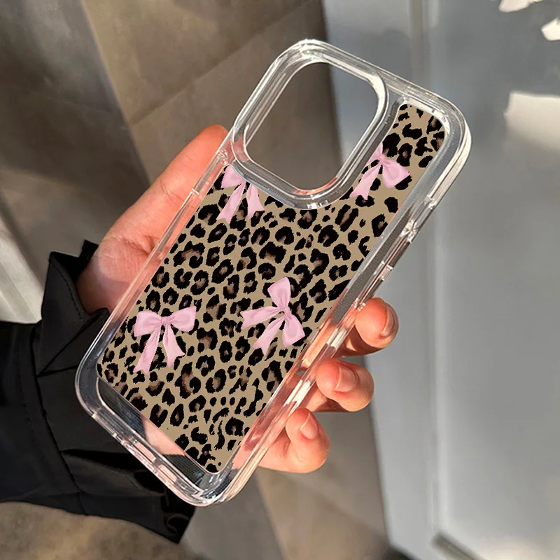 Hülle für iPhone 11, 12, 13, 14, 15, 16, 17 Pro Max Plus-Serie „Schleife mit Leopardenmuster“ weiche, transparente TPU-Handyhülle