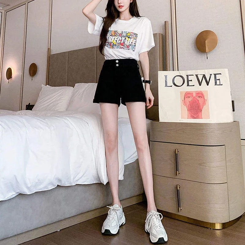 High Waist Wide Leg Short Jeans Women's Summer Thin INS Style Hot Pants Double Buckle Cuffed Loose Fit Trendy Hot Pants