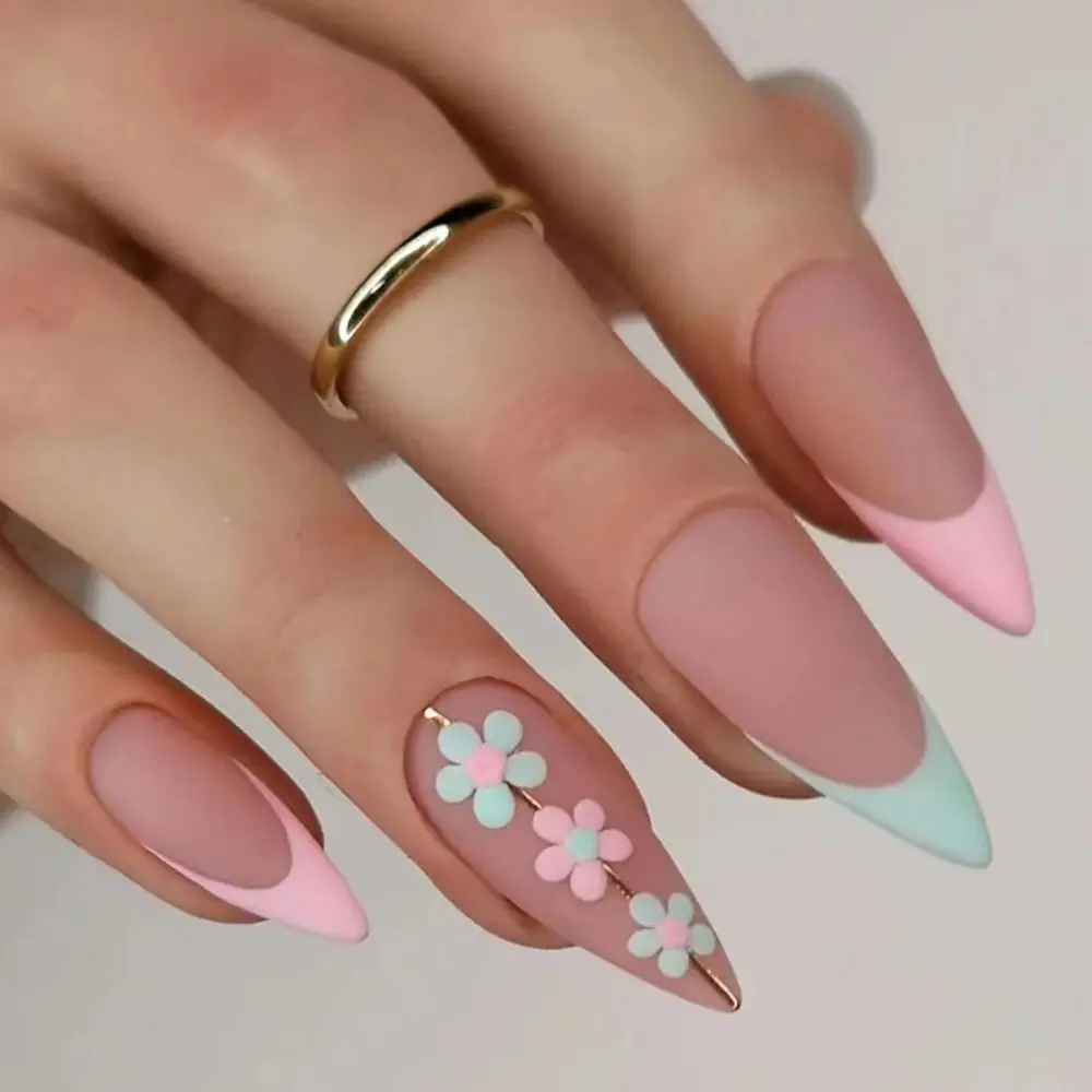 24pcs Manicure Diy Press On Nails Fake Nials Flowers Long Almond False Nails French