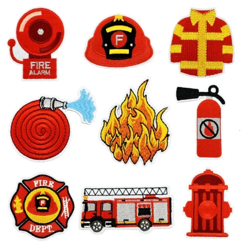 Red Fireman Themed Iron-On Embroidery Badge Patches for DIY Hole T-shirt Jeans Backpack Kid's Clothing Pants Appliques Sticker