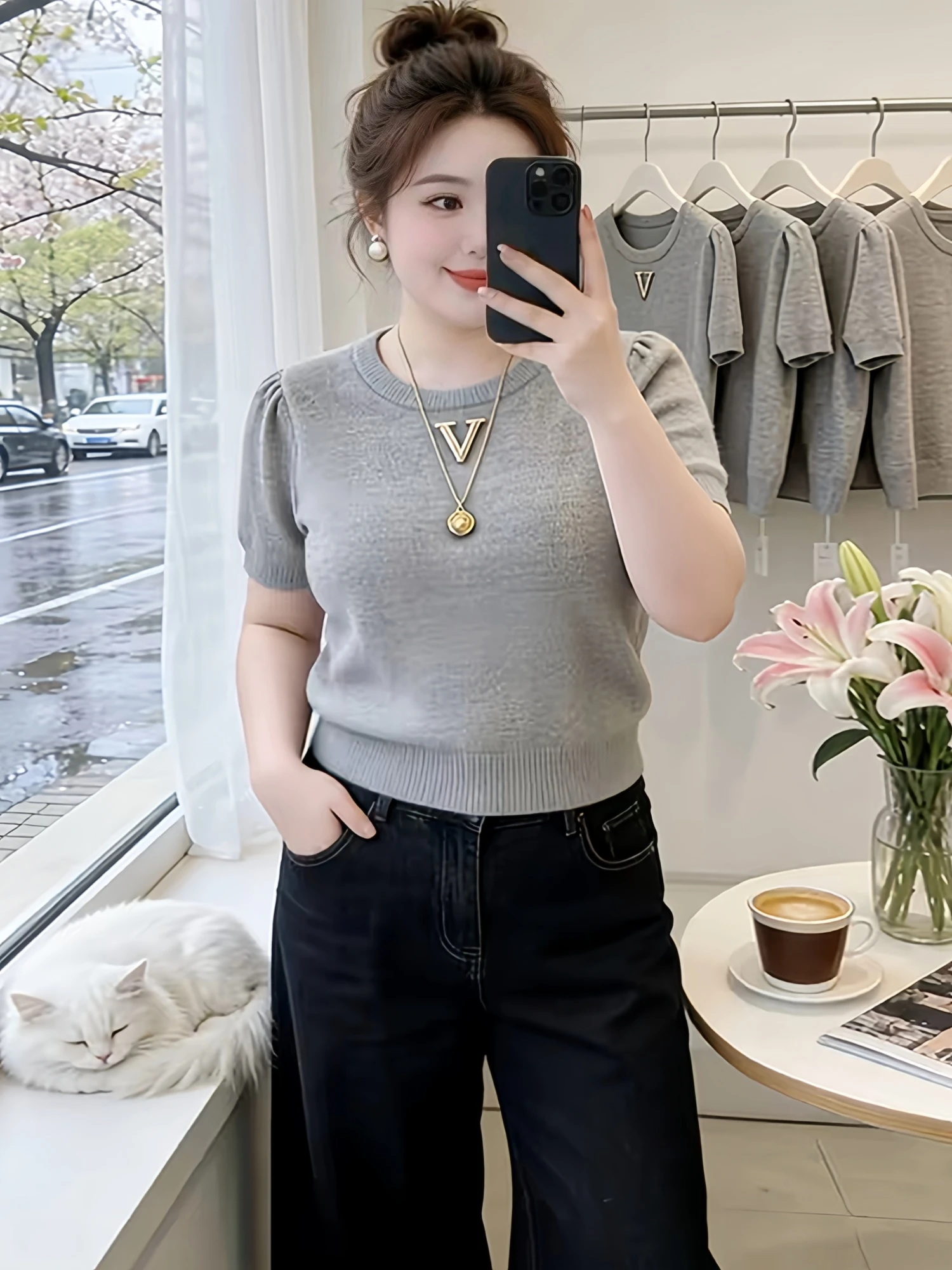 Gray Letter Accessories Lazy Feel Short Sleeve Knitted Shirt Women's Summer Beautiful High Intelligence Top Casual Style Loos...