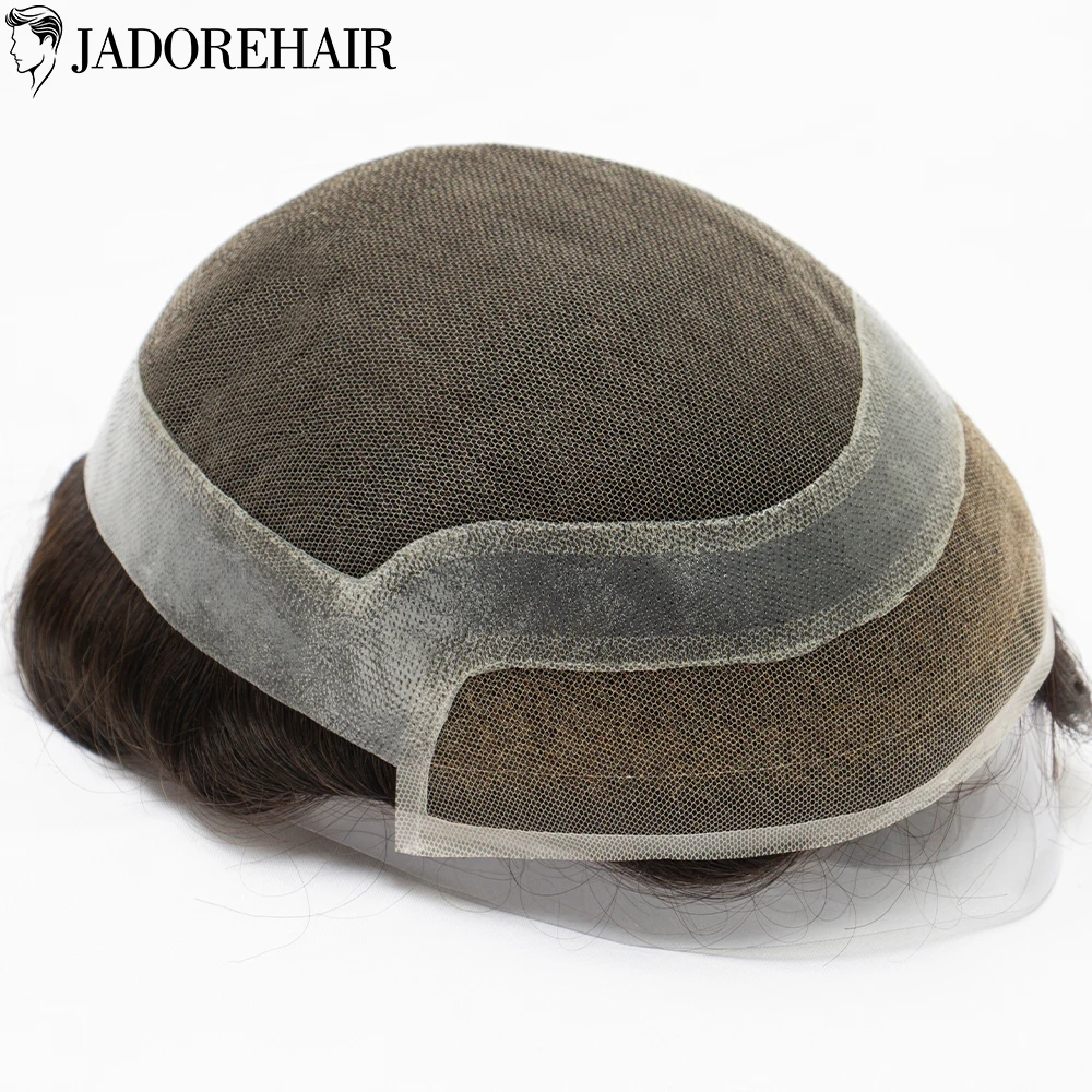 Hollywood PU and Swiss Lace Mixed Base Men's Toupee Human Hair Front Bleached Knots Male Wig Breathable Prosthesis Hair System