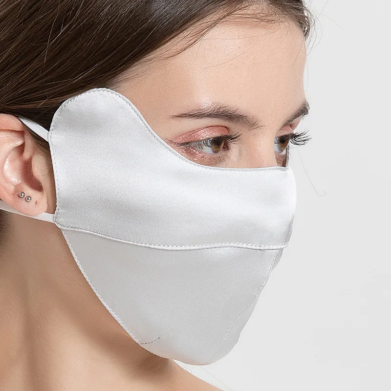 หน้ากากไหมหม่อนระบายอากาศได้ดีสำหรับผู้หญิงหน้ากากผ้าโปร่งสีพื้นแบบสามมิติแขวนที่หูได้ป้องกันแสงแดด