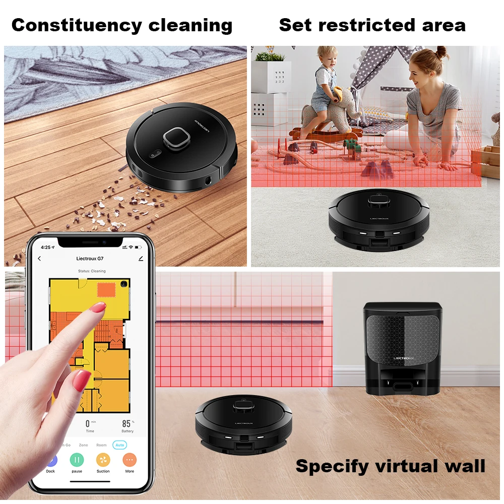 Liectroux G7 LDS Robot Vacuum Cleaner & Mop Combo,Self Empty,Laser Lidar,Multi-floor Map,6.5KPa,Smart Home Wet Dry Appliance