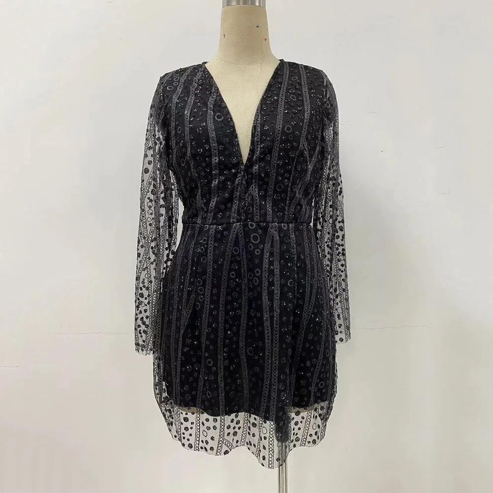 Sequin Mesh Dress Women Sexy Deep V Neck Long Sleeve One-piece Party Dresses Sparkles Netted Gauze Short Skirts Female Clothes