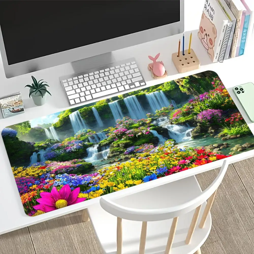 Colorful Flower Waterfall Landscape Large Gaming Mouse Pad Non Slip Rubber Desk Mat for PC Laptop Office Home Gaming Table