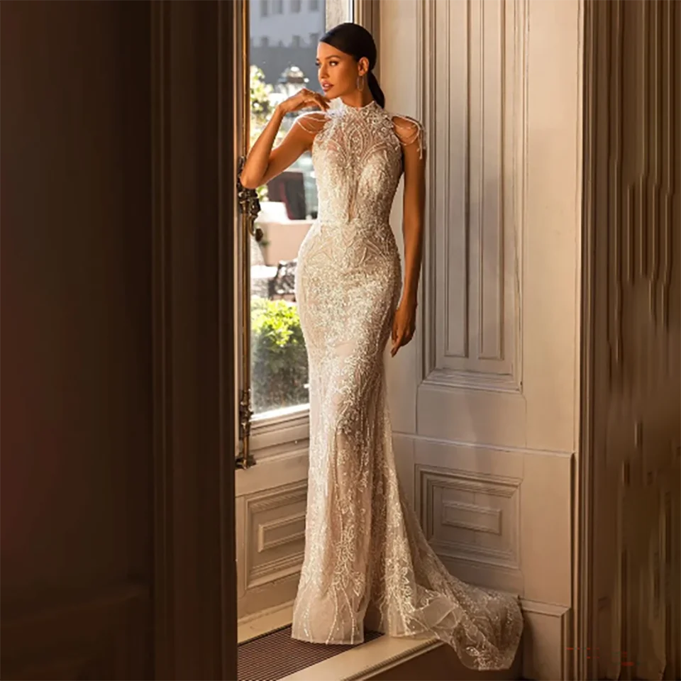 Vestidos de novia de noche de Gala de sirena con cuello Halter y cuentas de lentejuelas brillantes personalizados 2024 vestidos de novia de tul con tren de barrido para mujer