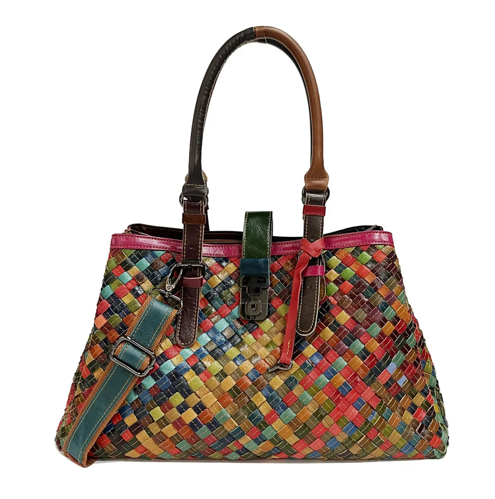 

Women's Genuine Leather 100% Top Layer Cowhide Woven Bag Shoulder Bags Luxury Handbag Capacity High Quality Multicolour Tote