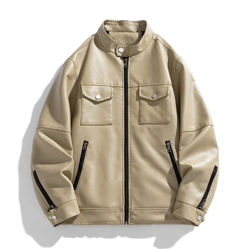 

2025: мужская новая повседневная тонкая молодежная куртка из искусственной кожи с воротником-стойкой и несколькими карманами
