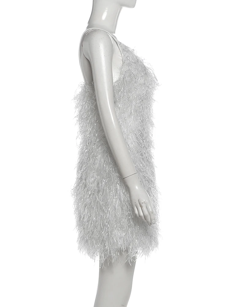 Weird Puss Furry Tassel Sling Kleid Damen Sommer Trend Spaghettiträger Tiefer Ausschnitt Rückenfrei Figurbetont Pfirsichfarben Hüftbetont Modisch Mini Bodycon – Detail 4