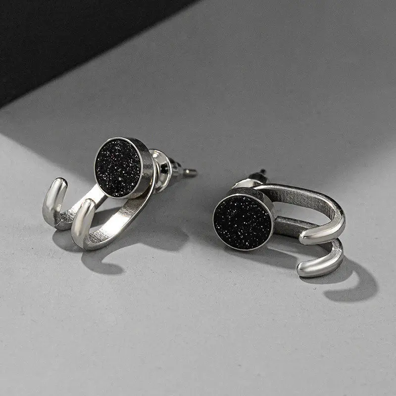 Mens Kpop Punk Ear Stud Silver Color Fashion Earrings For Women Personality Black Agate Couple Earring Valentine‘s Day Gift 2023