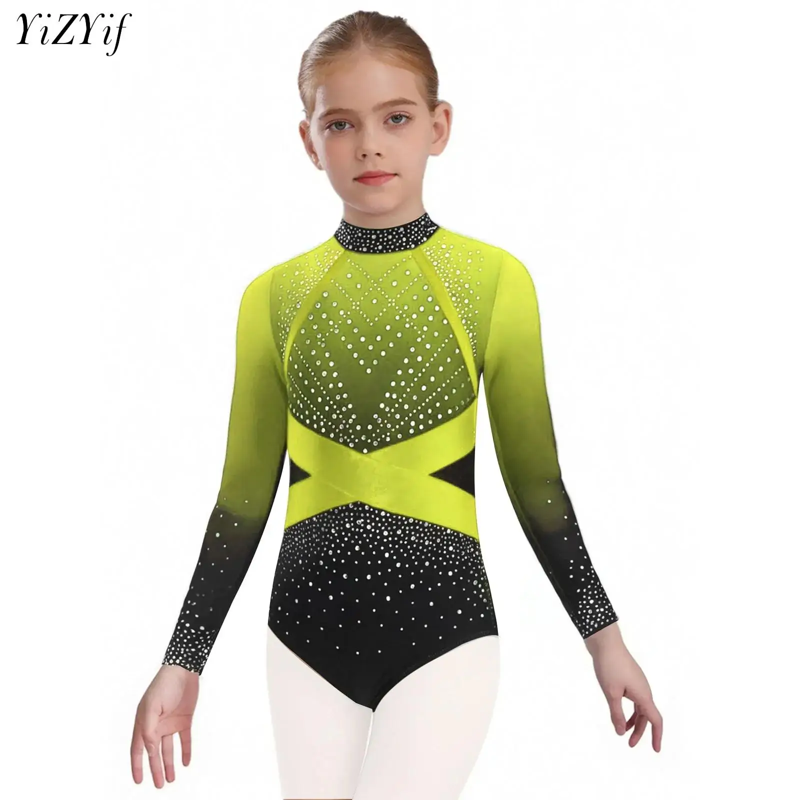 

Kids Girls Rhythmic Gymnastics Leotard Long Sleeves Workout Bodysuit Ballet Dance Leotard Figure Skating Performance Jumpsuit