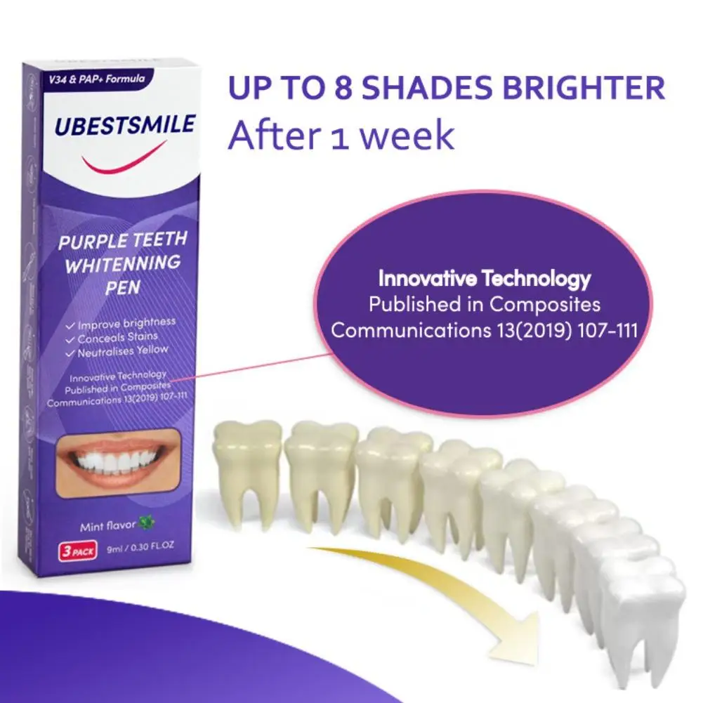 UBESTSMILE V34&PAP+ Formula Purple Teeth Whitening Pen Portable & Easy to Use Dental Care Whitening Pen Kit