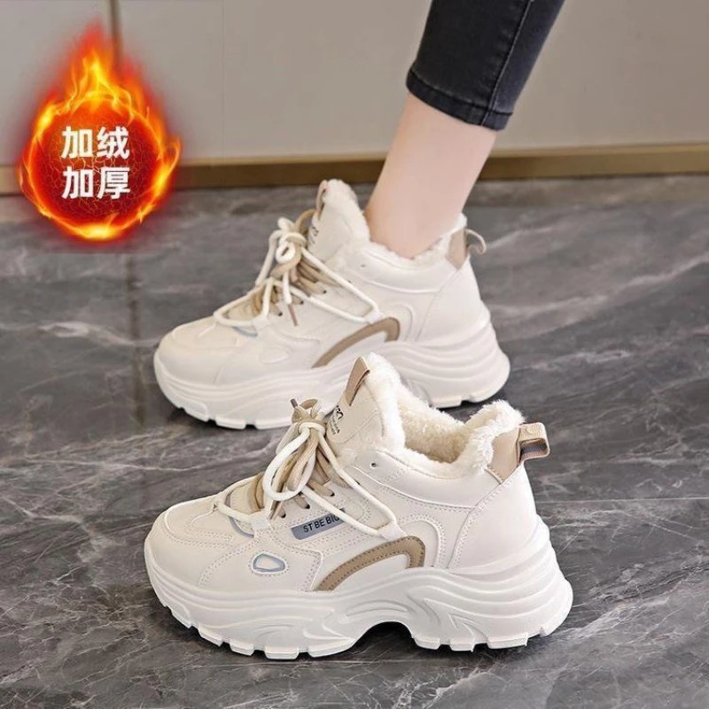 Damen Fleece-gefütterte High-Top Dad Sneaker 2025 Winter Neue Dicksohlige Wärmende Baumwollschuhe Lässige Sportschuhe für Damen