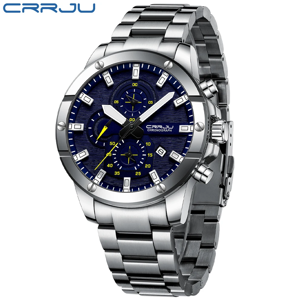 CRRJU Men Watch NEW Quartz Big Watches Full Steel Waterproof Chronograph Wristwatch for Men Relogio Masculino