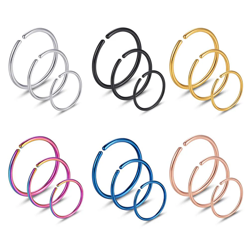 18 Pieces 16G 20G Stainless Steel Circular Nose Ring Cartilage Ring Set in 6 Colors Suitable for Men and Women 6mm 8mm 10mm