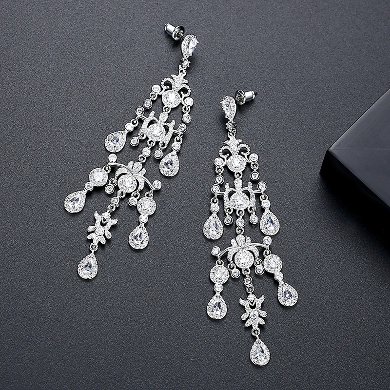 LUOTEEMI Luxury Cubic Zirconia Chandelier Earrings for Women Crystal Long Tassel Wedding Bridal Dangle Engagement Accessories