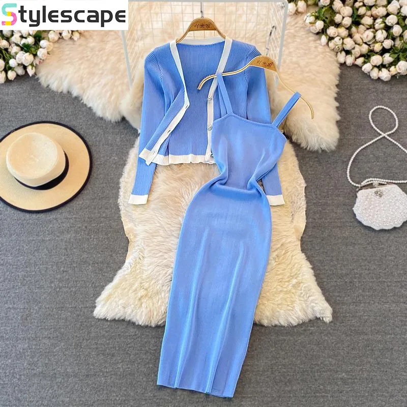 

Fashionable V-neck Long Sleeved Knitted Top Shawl Cardigan Two-piece Set Medium to Long Tight Fitting Elastic Hip Hugging Dress