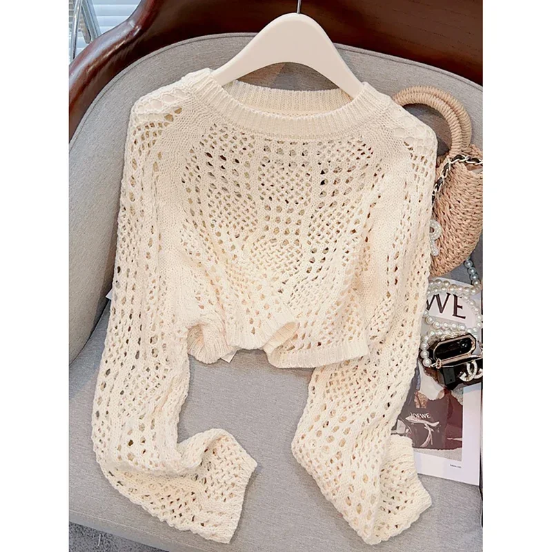 

Женская мода, трикотаж с длинными рукавами, новый летний короткий солнцезащитный топ, корейский повседневный милый популярный однотонный топ Spice Girl