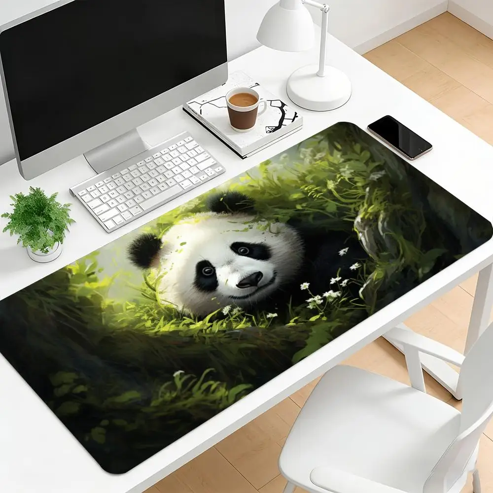 Panda Green Floral Print Large Gaming Mouse pad Non-slip Rubber Base Stitched Edge Office Desktop Decor Workstation Accessory