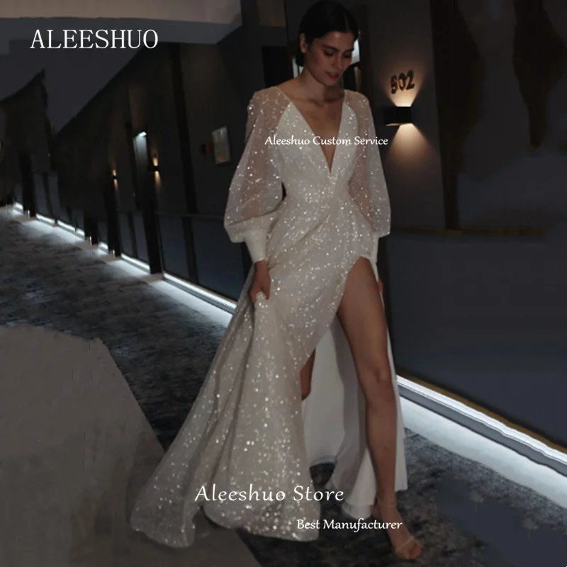 Aleeshuo elegante a-line maniche lunghe abiti da sera senza schienale abiti da festa con paillettes scollo a V spacco laterale Glitter abiti da ballo gonfi