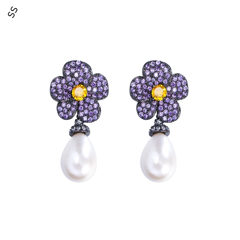 

S925 Silver Needle French Light Luxury Fairy Purple Flower Full Diamond Zircon Earrings Retro Pearl Pendant Ear-pin Accessories