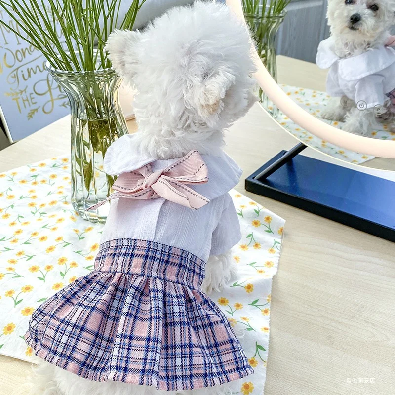 1PC Pet Clothing Cat Spring/Summer Thin Pink Grid Bow Student Princess Dress Suitable for Small and Medium Dogs