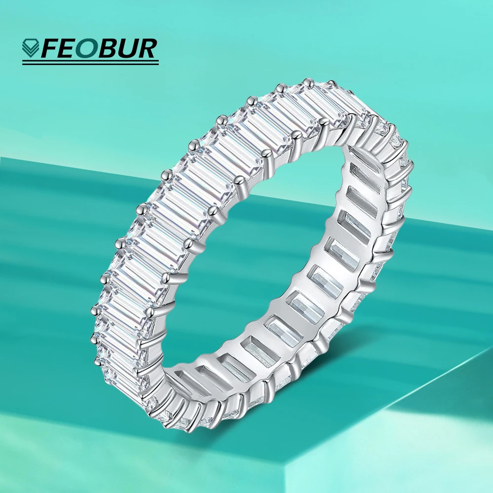 

FEOBUR 2*4mm Emerald Cut Full Moissanite Ring for Women Lab Diamond 925 Sterling Silver Wedding Eternity Bands Man Jewelry GRA