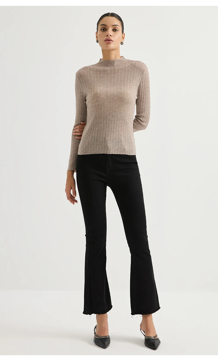 BL3621732 Damen-Pullover mit Stehkragen aus Wollmischung, Lurex, gerippt, langärmelig, mit Wellenkragen, seitlicher Kette und metallischem Glanz für den Herbst – Detail 12