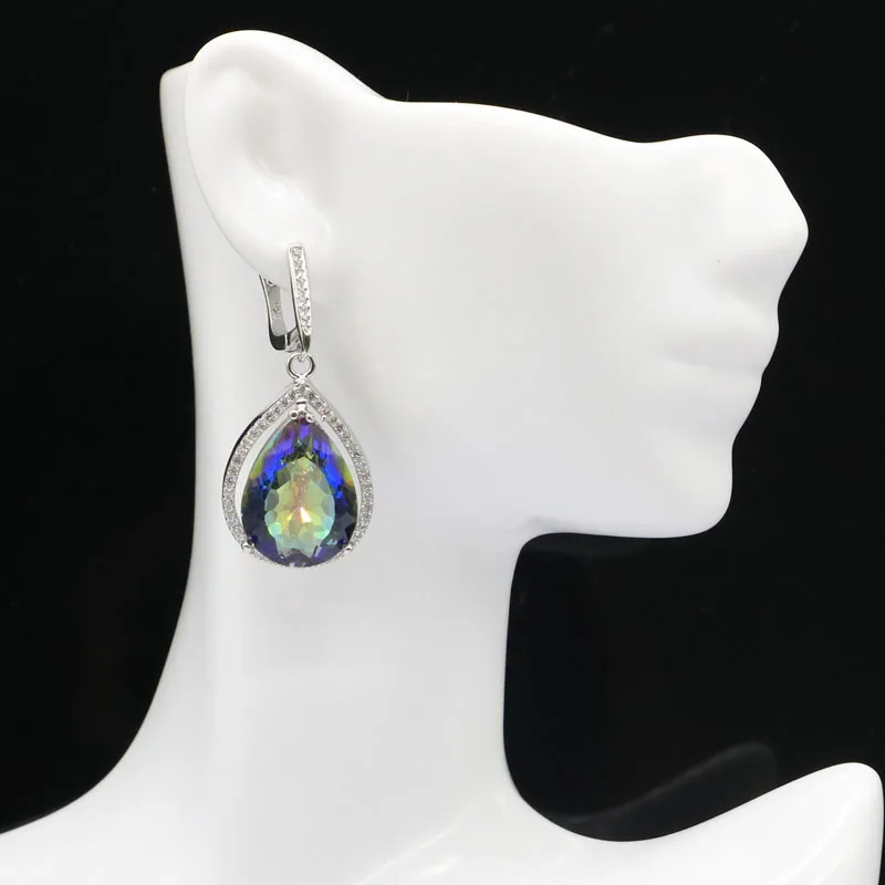 Buy 4 Get 1 Free 43x19mm Eye Catching Big Drop Gemstone Fire Rainbow Mystic Blue Topaz CZ Women Dating Silver Earrings Pendant