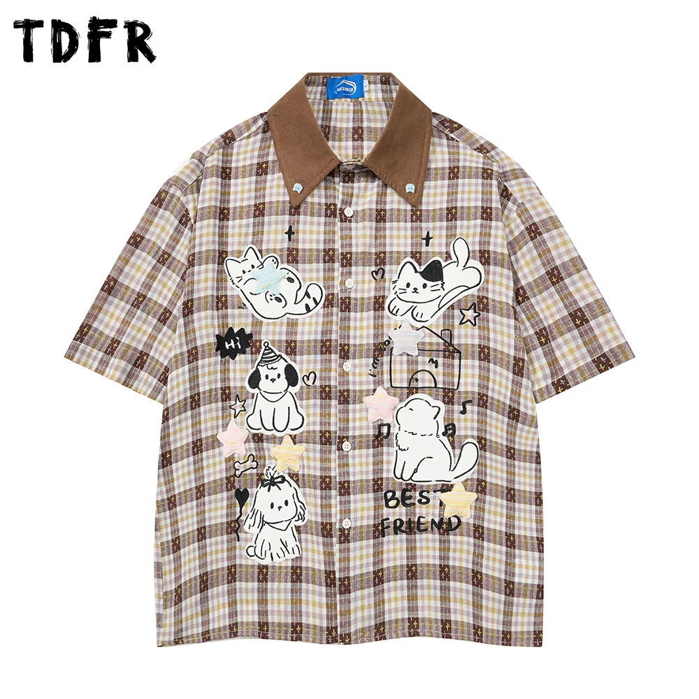 

Cartoon Embroidery Plaid Short Sleeve Shirts Mens Summer Casual Retro Lapel Single Breasted Half-Sleeve Cotton Checked Shirt Man