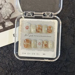 10pcs Handmade Design Fake Nails Press On Nails Short Fake Nails Manicure Artist Latte Round Head Wearable Fingernail Decoration