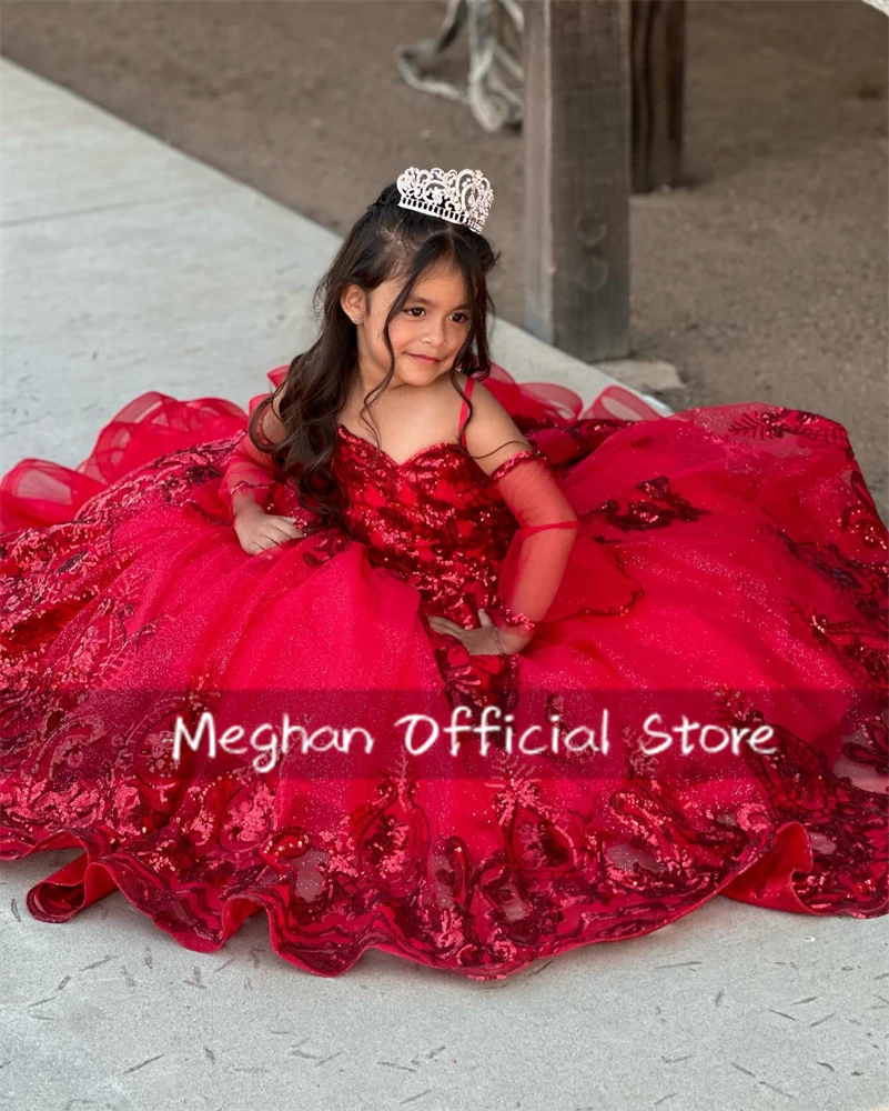 Red Flower Girl Dresses Bead Appliques Beauty Pageant Gowns Sequin 2024 Birthday Luxury Dress Ball Gown With Sleeve Customized