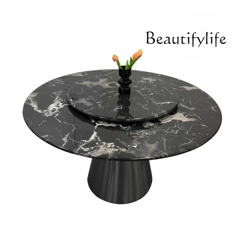 

Natural marble dining table, black rose imported luxury stone round table, high-end household round dining table and chairs