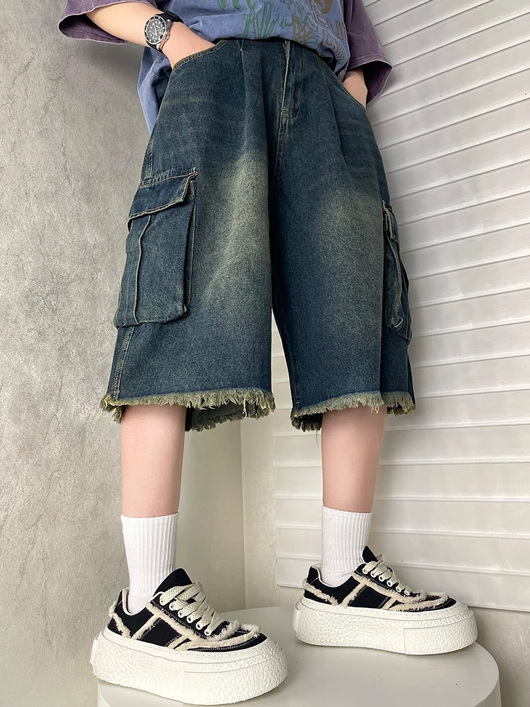 

American Retro Men's Denim orts Seven-Foot Straight-Leg Loose Fit Workwear Summer Design Sense Waed Cuffed Jeans