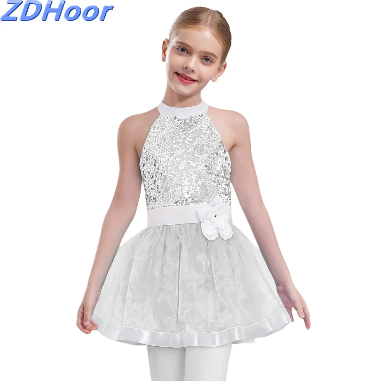 

Kids Girls Shiny Sequins Dress Layered Tulle Ballet Dance Dresses Sleeveless Cutout Back Tutu Dress with Built-in Briefs