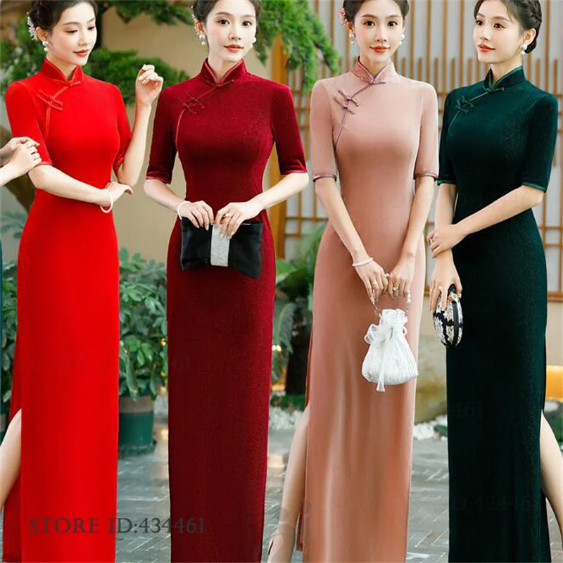 

Велюровое ципао больших размеров 6XL, винтажное китайское платье с воротником-стойкой, элегантное длинное вечернее платье для женщин, национальный костюм