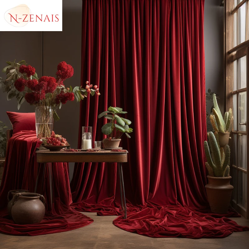 Retro Red Velvet Curtains for Living Room Blackout Bedroom Window Custom Luxury European Valance Tulle Wedding Stage Background