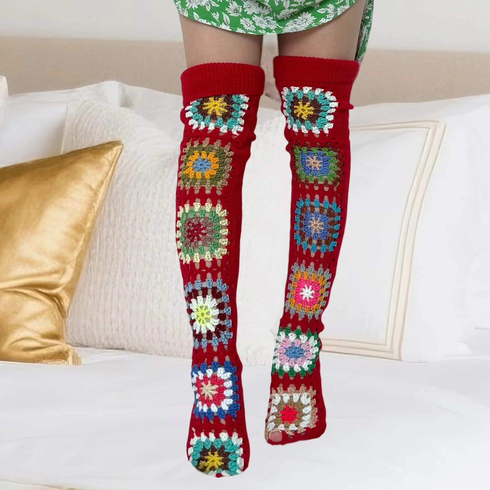 

Dourbesty Auutmn Winter Vintage Crochet Thigh High Stockings for Women Geometric Pattern Over The Knee Stocking Warm Knee Socks