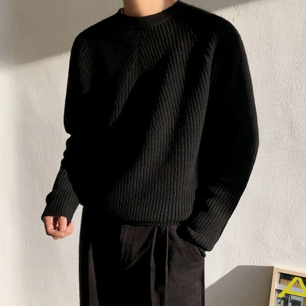 Mens Autumn Winter Korean Style Loose Round Neck Knitted Sweater Gender-Neutral Trendy Casual Solid Color Simple Sweater Unisex